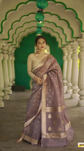 Elegant Banarasi Silk Saree with Gold Zari Embellishments Brown