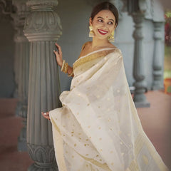 Elegant Banarasi Silk Saree with Gold Zari Embellishments White