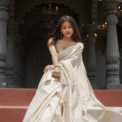 Elegant Banarasi Silk Saree with Gold Zari Embellishments Cream