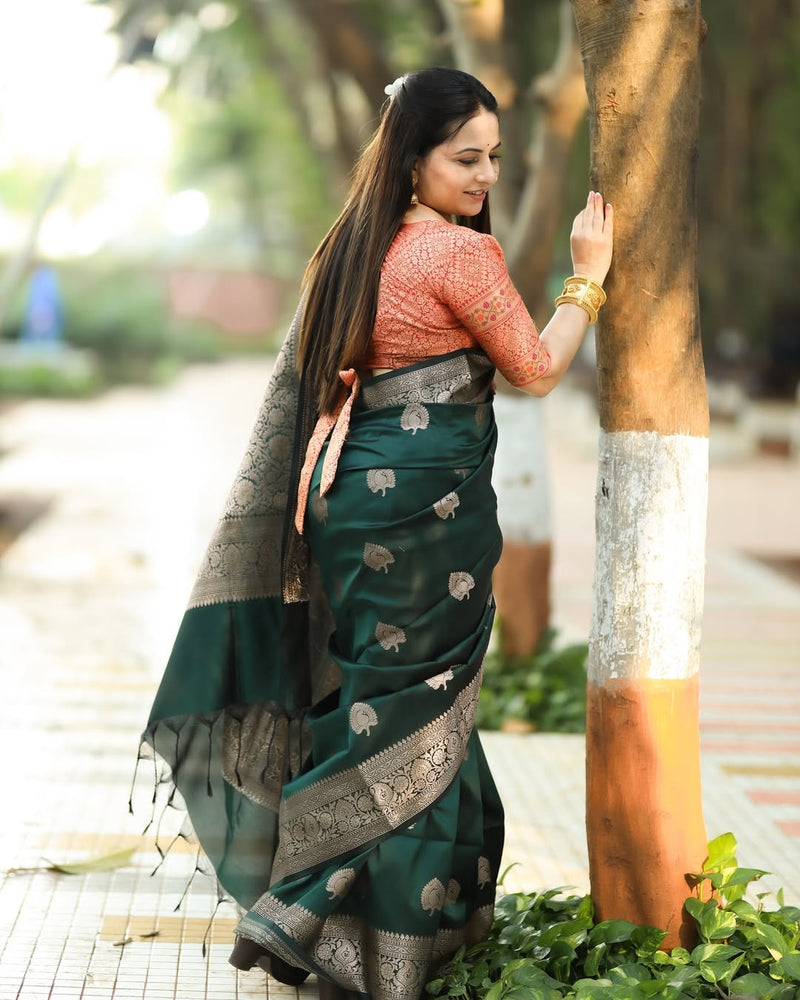 Regal Green & Gold Banarasi Silk Saree with Contrasting Red Brocade Blouse