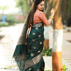 Regal Green & Gold Banarasi Silk Saree with Contrasting Red Brocade Blouse