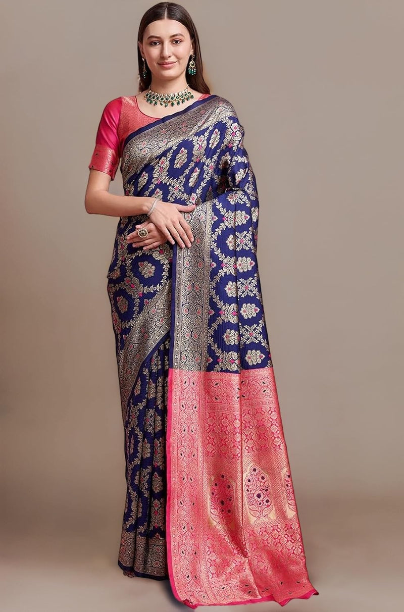 Majestic Navy Blue Banarasi Silk Saree with Rani Pink Rich Pallu