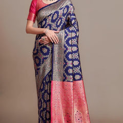 Majestic Navy Blue Banarasi Silk Saree with Rani Pink Rich Pallu