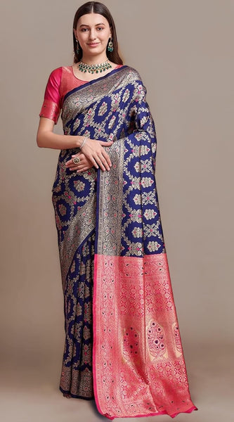 Majestic Navy Blue Banarasi Silk Saree with Rani Pink Rich Pallu