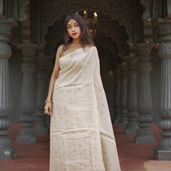 Elegant Banarasi Silk Saree with Gold Zari Embellishments Cream