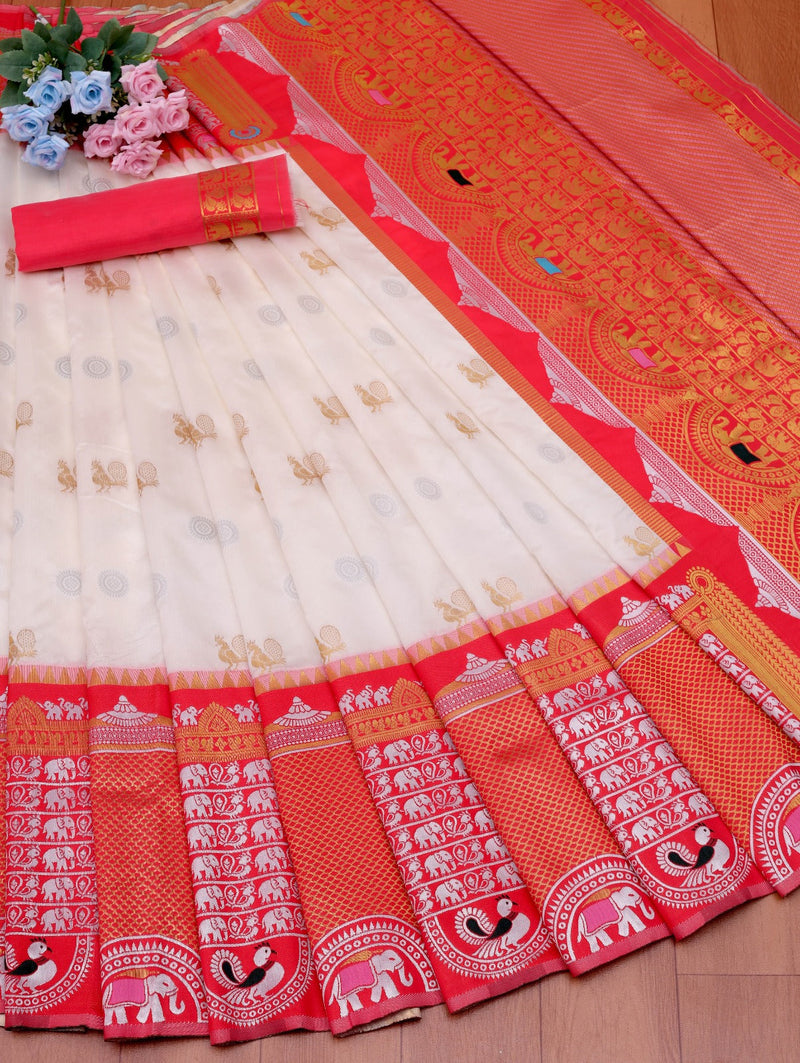 Pure Banarasi Silk Saree with Intricate Weaving White with red Big Border
