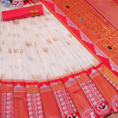 Pure Banarasi Silk Saree with Intricate Weaving White with red Big Border