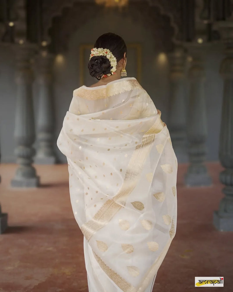Elegant Banarasi Silk Saree with Gold Zari Embellishments White