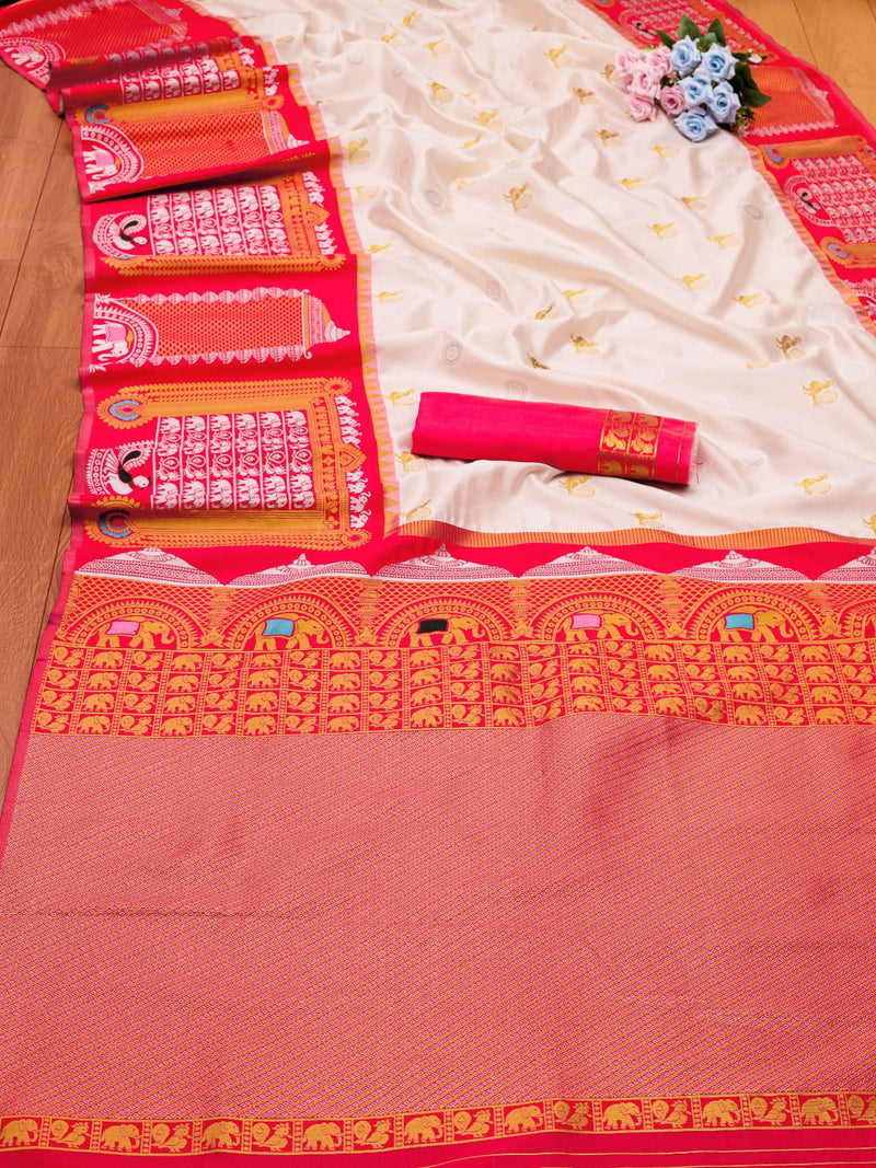 Pure Banarasi Silk Saree with Intricate Weaving White with red Big Border