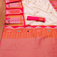 Pure Banarasi Silk Saree with Intricate Weaving White with red Big Border