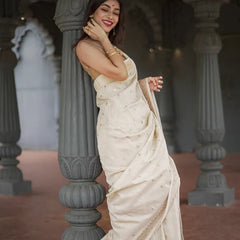 Elegant Banarasi Silk Saree with Gold Zari Embellishments Cream
