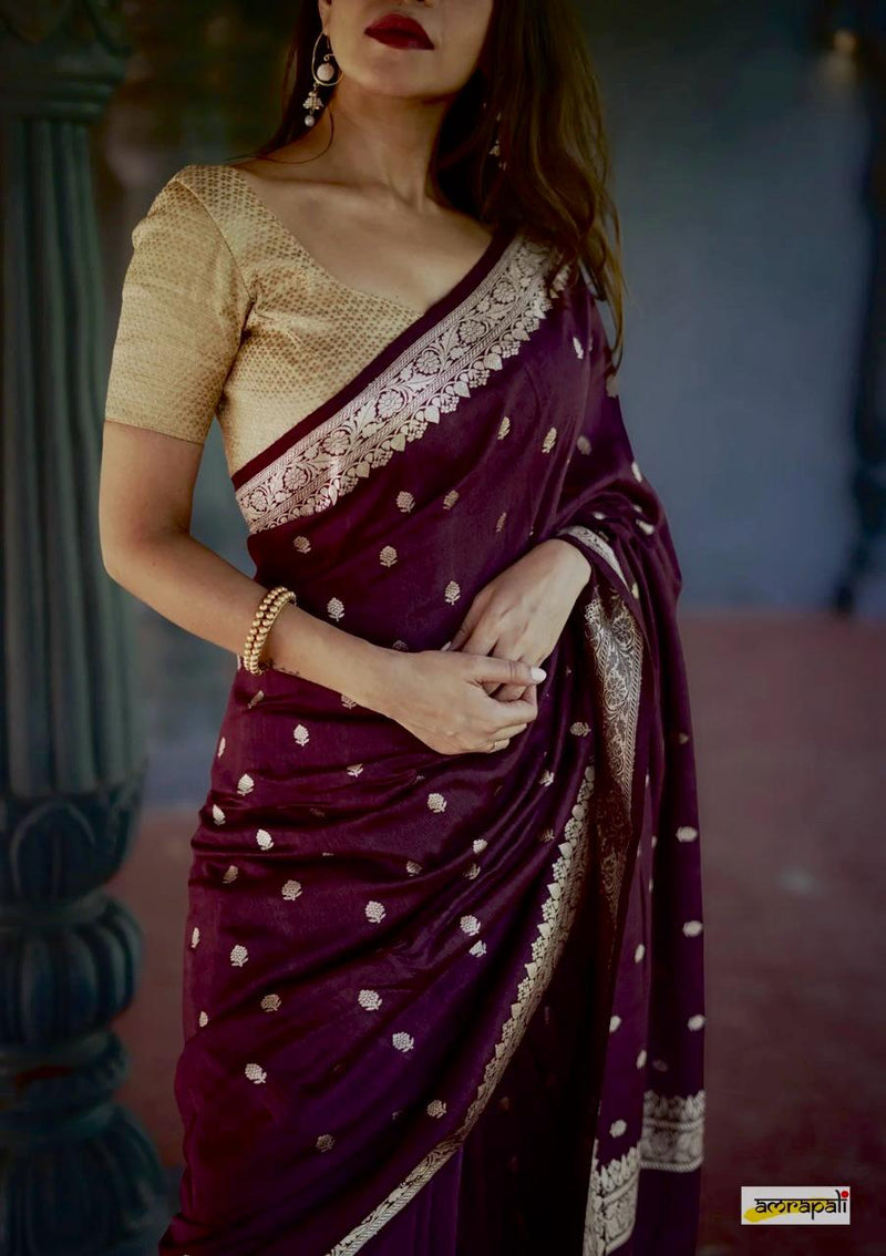 Elegant Banarasi Silk Saree with Gold Zari Embellishments Wine