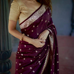 Elegant Banarasi Silk Saree with Gold Zari Embellishments Wine