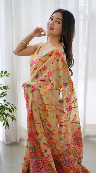 Classy Beige Pashmina saree With Gleaming Blouse Piece