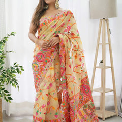 Classy Beige Pashmina saree With Gleaming Blouse Piece