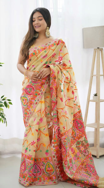 Classy Beige Pashmina saree With Gleaming Blouse Piece