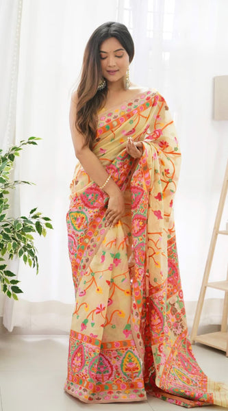 Classy Beige Pashmina saree With Gleaming Blouse Piece