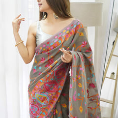 Sensational Grey Pashmina saree With Girlish Blouse Piece
