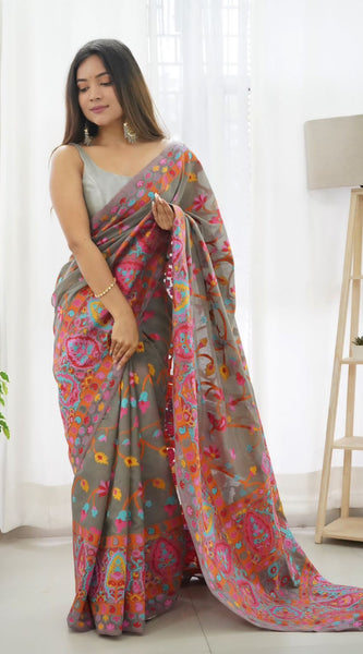 Sensational Grey Pashmina saree With Girlish Blouse Piece