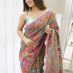 Sensational Grey Pashmina saree With Girlish Blouse Piece