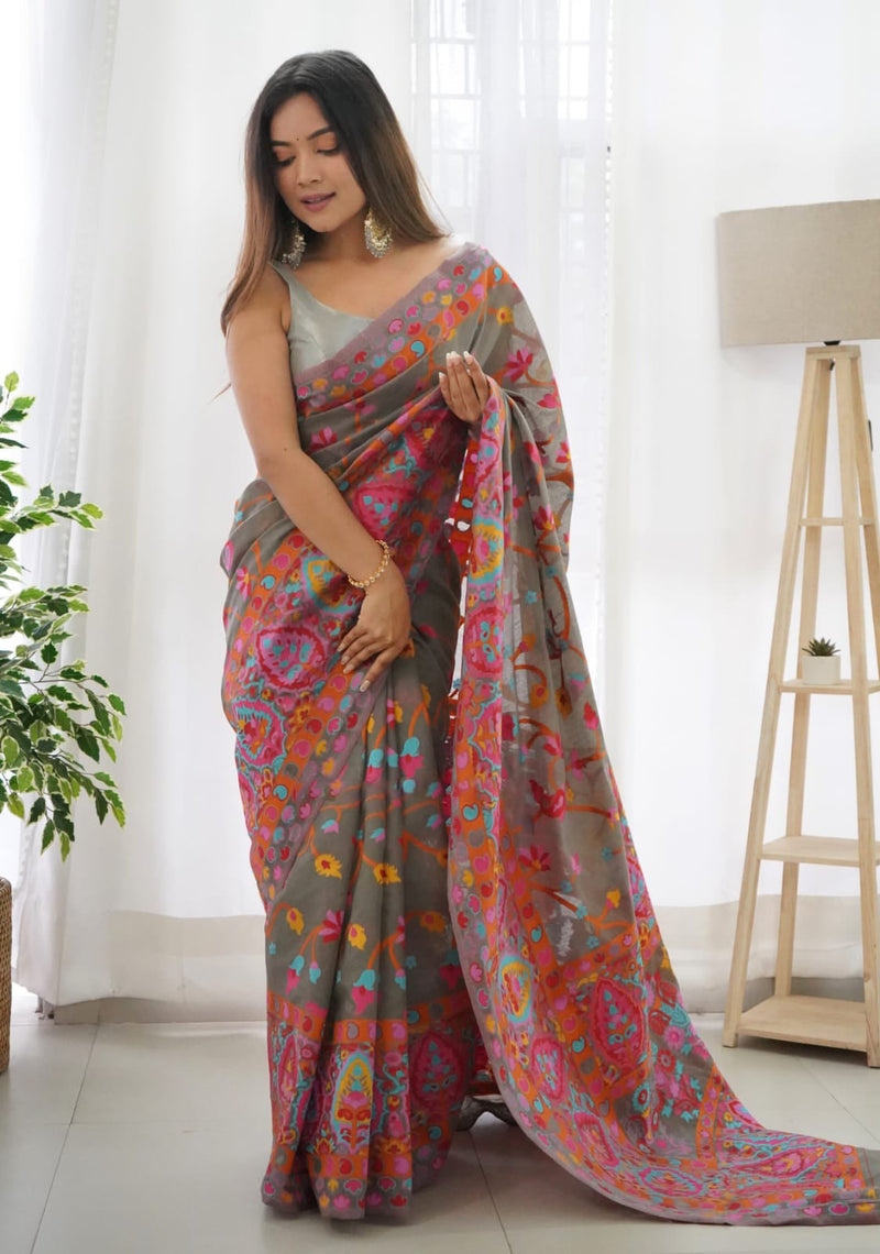 Sensational Grey Pashmina saree With Girlish Blouse Piece