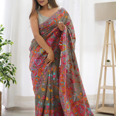Sensational Grey Pashmina saree With Girlish Blouse Piece