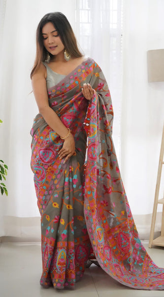 Sensational Grey Pashmina saree With Girlish Blouse Piece