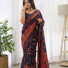Beautiful Navy Blue Pashmina saree With Blooming Blouse Piece