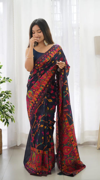 Beautiful Navy Blue Pashmina saree With Blooming Blouse Piece
