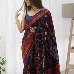 Beautiful Navy Blue Pashmina saree With Blooming Blouse Piece