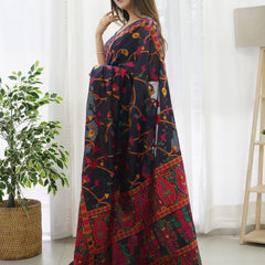 Beautiful Navy Blue Pashmina saree With Blooming Blouse Piece