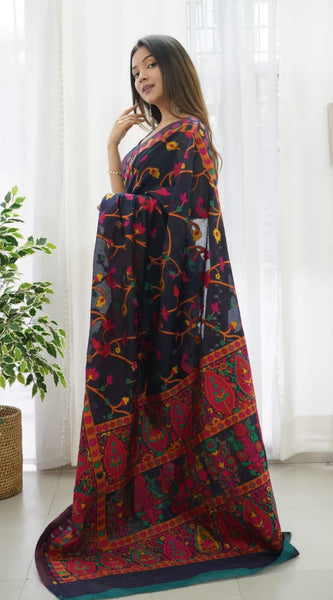 Beautiful Navy Blue Pashmina saree With Blooming Blouse Piece