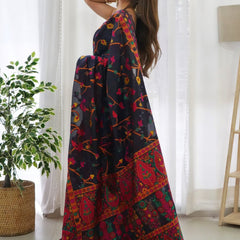 Beautiful Navy Blue Pashmina saree With Blooming Blouse Piece