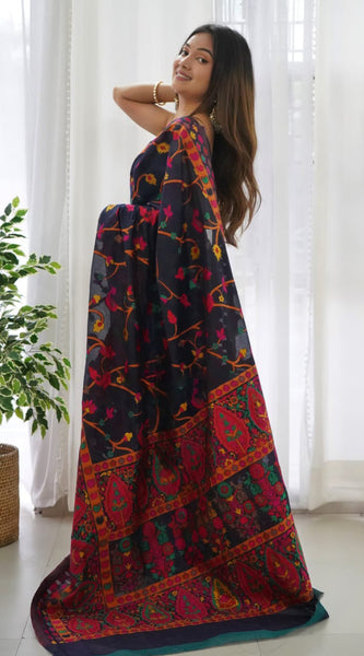 Beautiful Navy Blue Pashmina saree With Blooming Blouse Piece