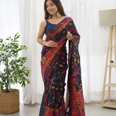 Beautiful Navy Blue Pashmina saree With Blooming Blouse Piece