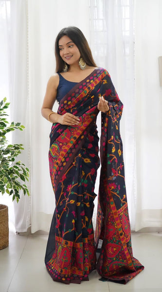 Beautiful Navy Blue Pashmina saree With Blooming Blouse Piece