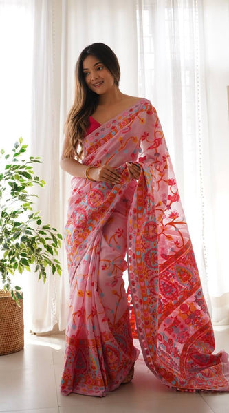 Majesty Pink Pashmina saree With Fancifull Blouse Piece