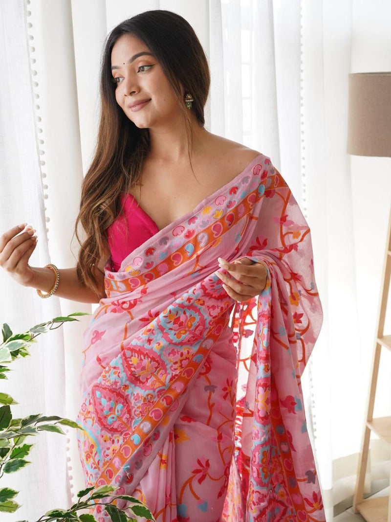 Majesty Pink Pashmina saree With Fancifull Blouse Piece