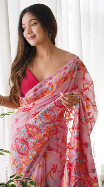 Majesty Pink Pashmina saree With Fancifull Blouse Piece