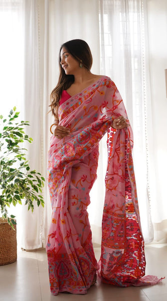 Majesty Pink Pashmina saree With Fancifull Blouse Piece