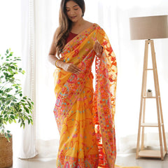 Divine Yellow Pashmina saree With Beleaguer Blouse Piece