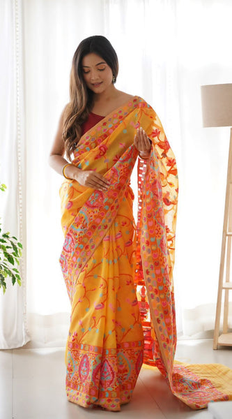 Divine Yellow Pashmina saree With Beleaguer Blouse Piece