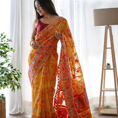 Divine Yellow Pashmina saree With Beleaguer Blouse Piece