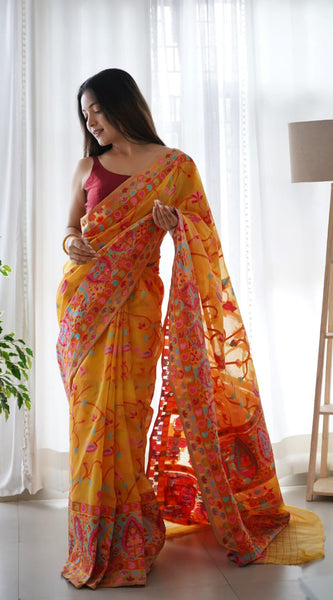 Divine Yellow Pashmina saree With Beleaguer Blouse Piece