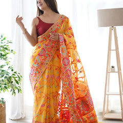 Divine Yellow Pashmina saree With Beleaguer Blouse Piece
