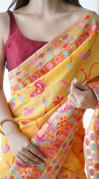 Divine Yellow Pashmina saree With Beleaguer Blouse Piece