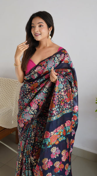 Pretty Black Pashmina saree With Amazing Blouse Piece