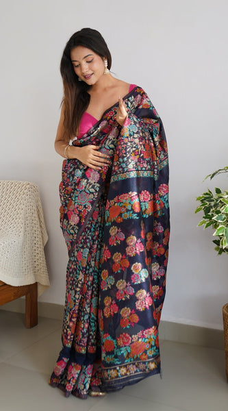 Pretty Black Pashmina saree With Amazing Blouse Piece
