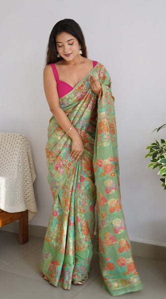 Charming Pista Pashmina saree With Breathtaking Blouse Piece