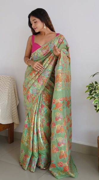 Charming Pista Pashmina saree With Breathtaking Blouse Piece
